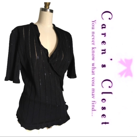 Escada Black Ruffled Knit Wrap Top w Rhinestones. - Picture 2 of 4